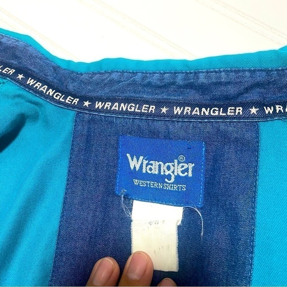 VTG Wrangler Mens Large Turquoise Button Up Long Sleeve Rodeo Cowboy Shirt - Picture 8 of 15